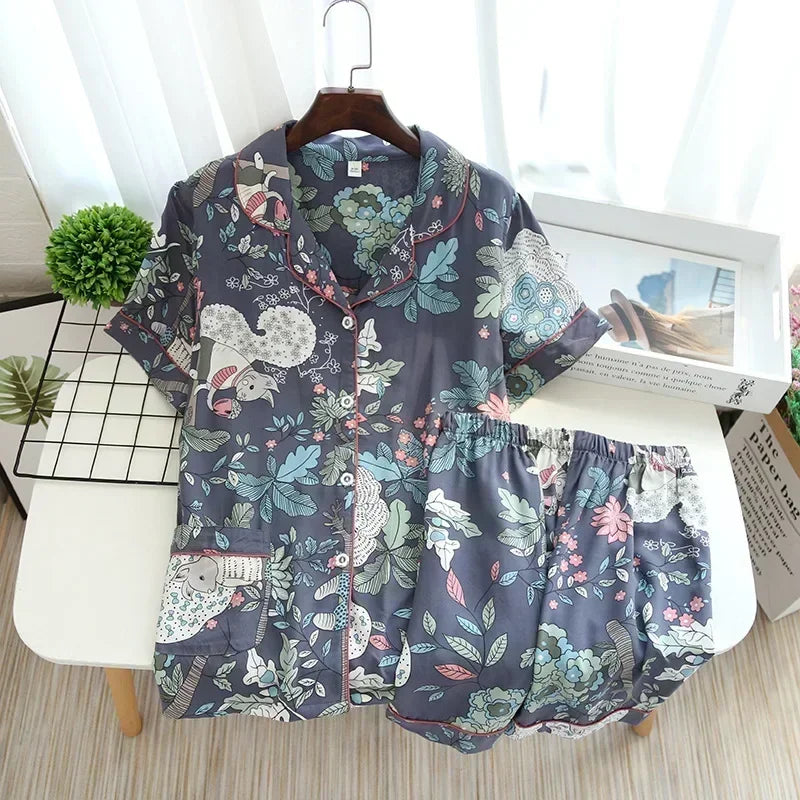 Women's Pajamas Set Short-sleeved Shorts Home Pijima Loose Two-piece Suit for Home Sleepwear Printed Plus Size Female Pijima