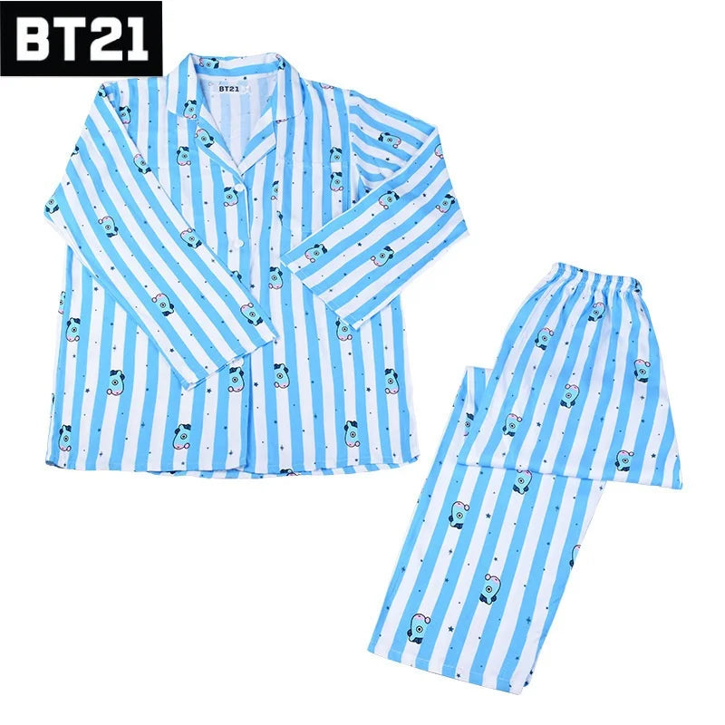 Kawaii Bt21 Tata Cooky Rj Pocket Short Sleeve and Shorts Pajama Set, Casual Satin Sleepwear with Lapel Collar and Button Detail