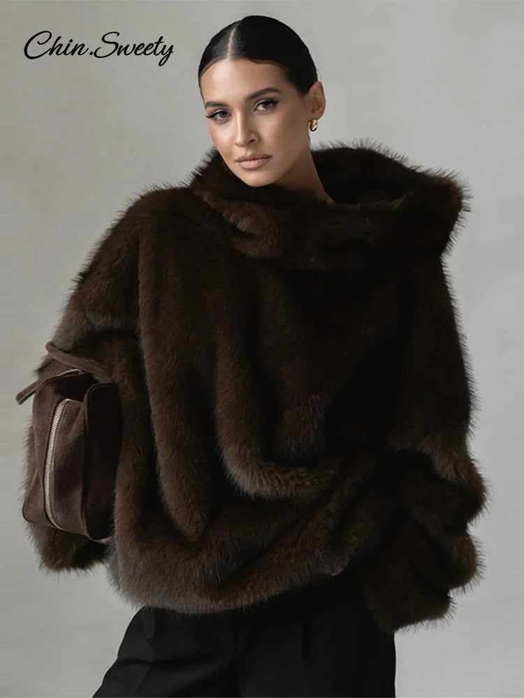 Women Solid Faux Fur Hooded Pullover Casual Full Sleeve Warm Loose Thick Tops Lady New Daily Chic Elegant Winter Outwear 2025
