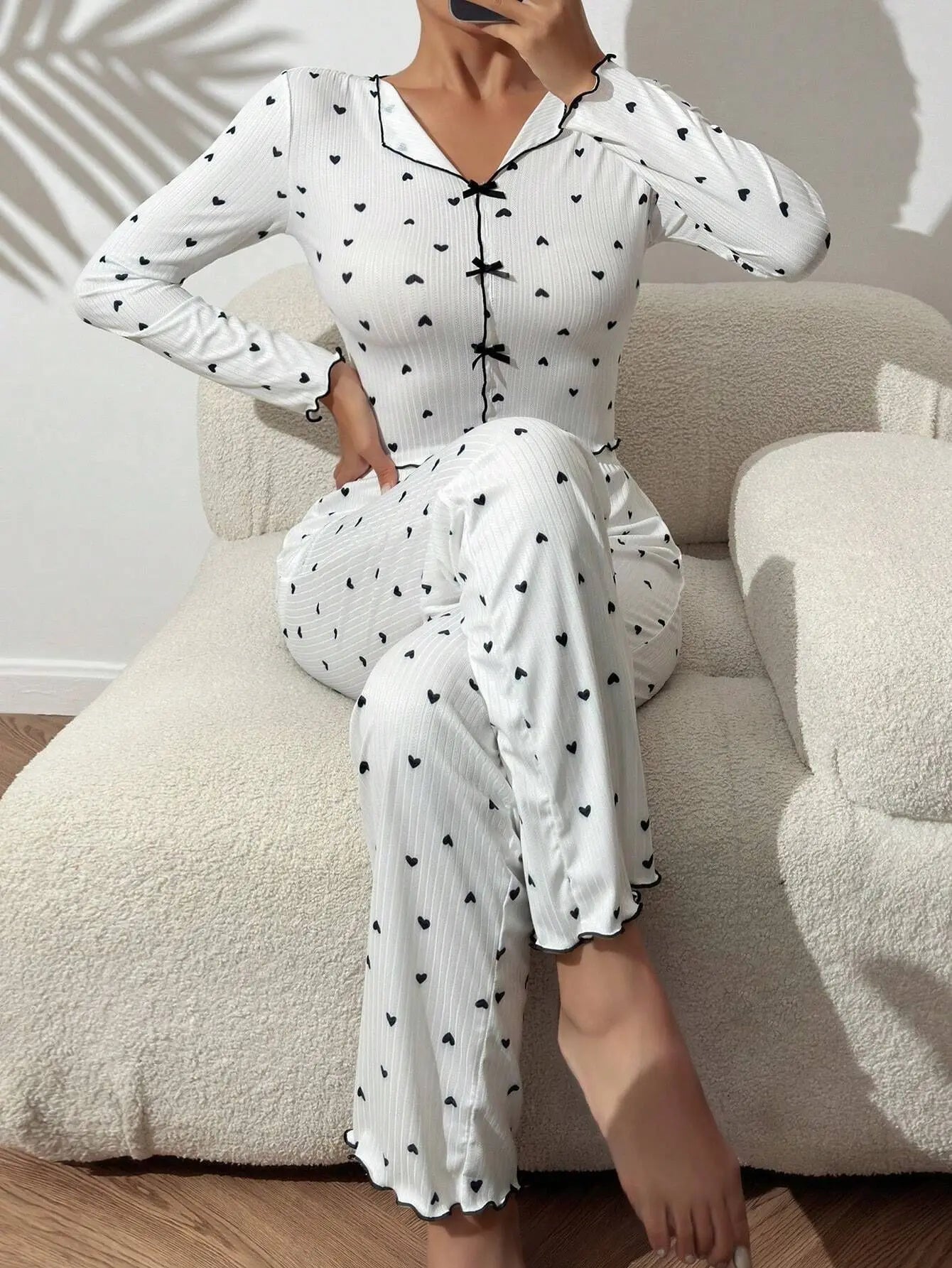 2 Piece Sets Women Pajamas Suit Top Pants Ensemble Sleepwear Heart Print Bow Loungewear Female Autumn Outfits Nightwear 2025