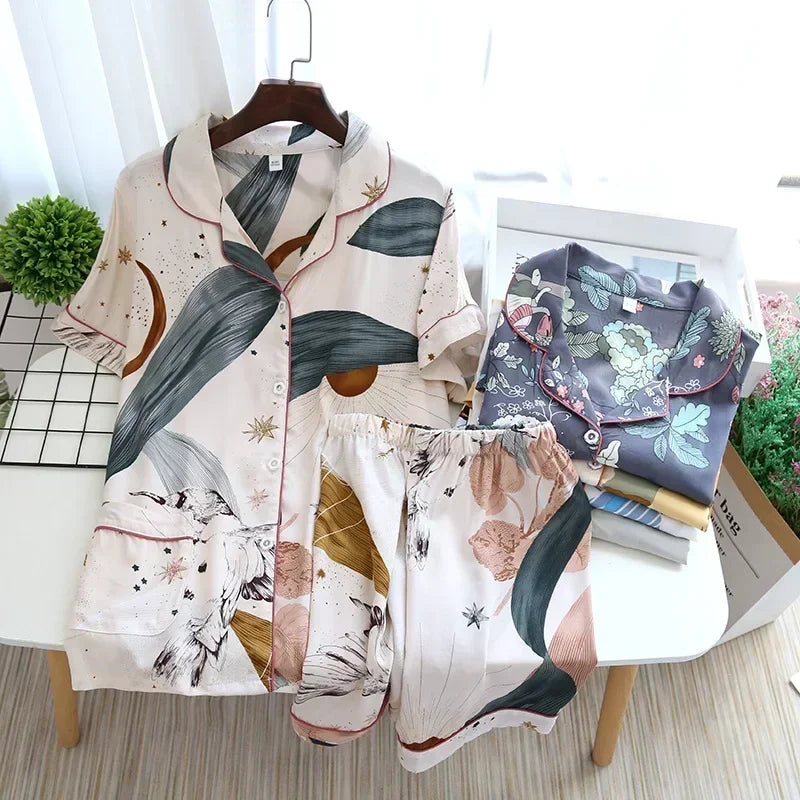 Women's Pajamas Set Short-sleeved Shorts Home Pijima Loose Two-piece Suit for Home Sleepwear Printed Plus Size Female Pijima