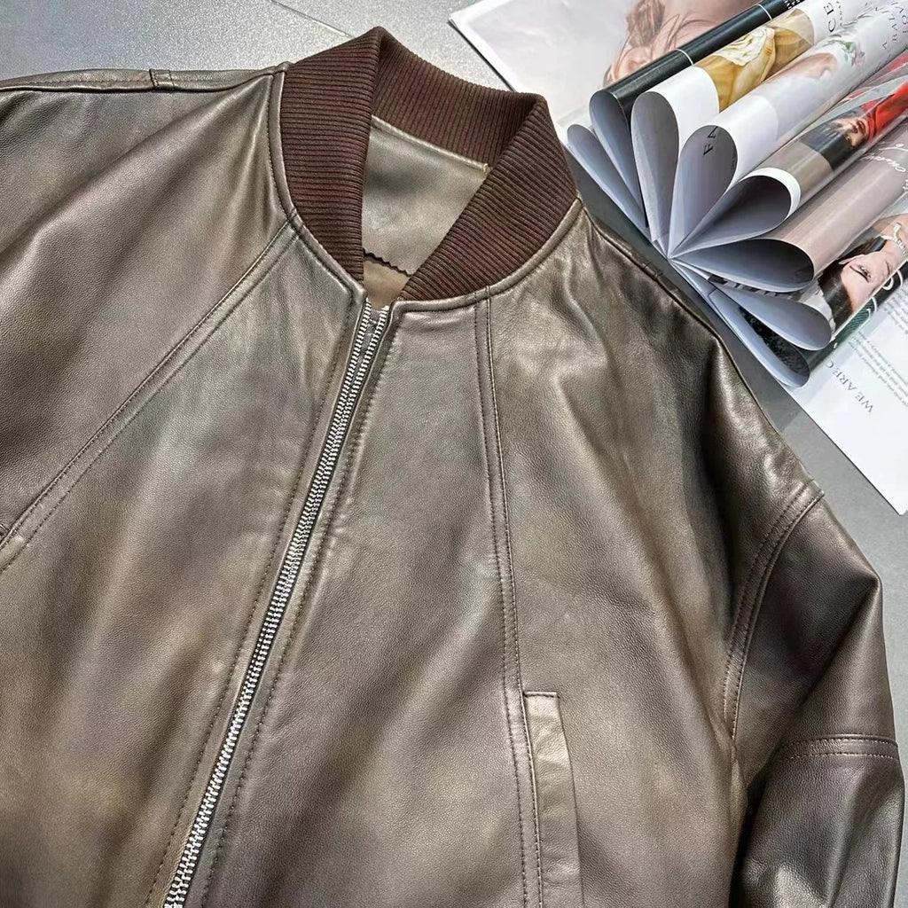 Leather Cropped Bomber Jacket For Women 2025 Winter European Old Money Designer Female Distressed Sheepskin Short Coat Outwear