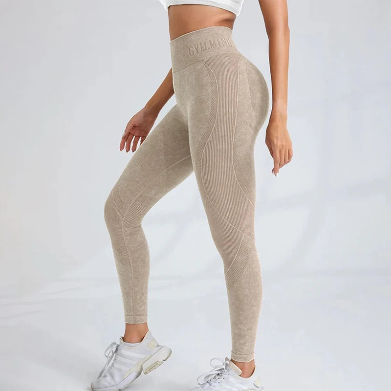 Women Seamless Gym High Waist Yoga Pants Hip Lifting Outdoor Sports Tight Waist Letter Sand Washed Pants Exercise Yoga Leggings