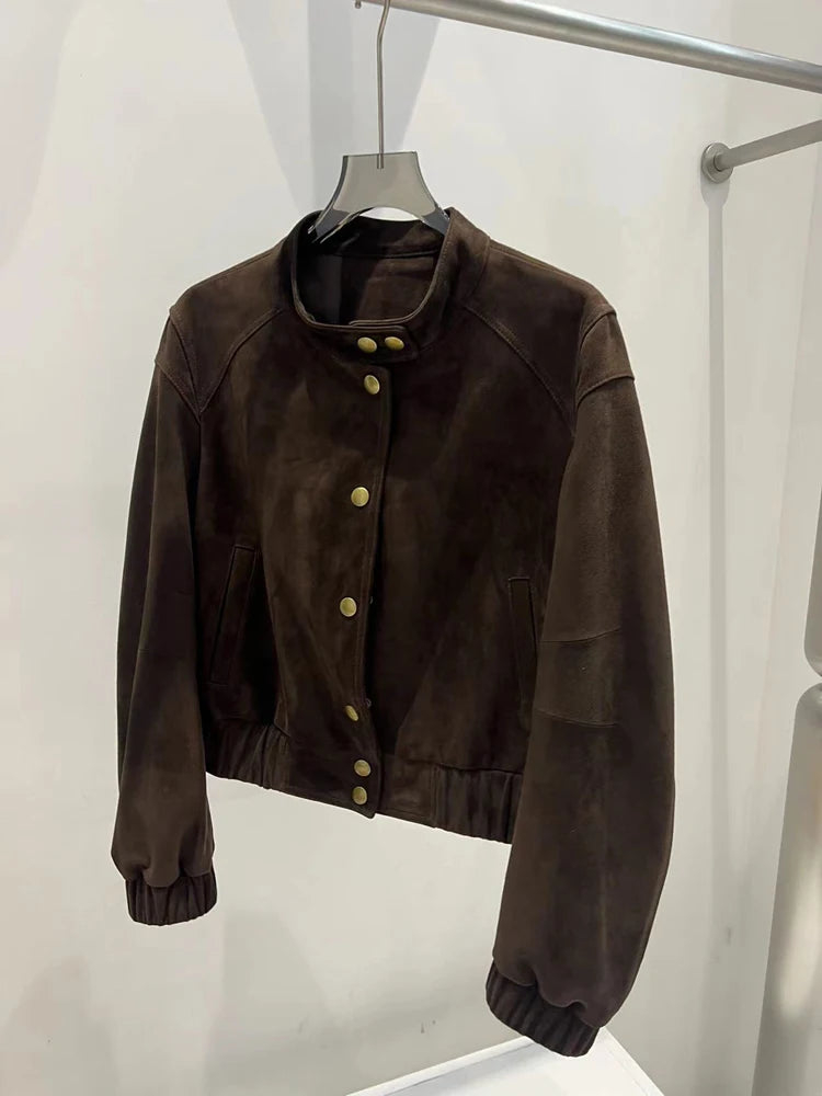 2026 Imported Goat Suede Jacket For Women Retro Standing Collar Versatile Slimming Elastic Waist  Leather Coat Chaquetas Bomber