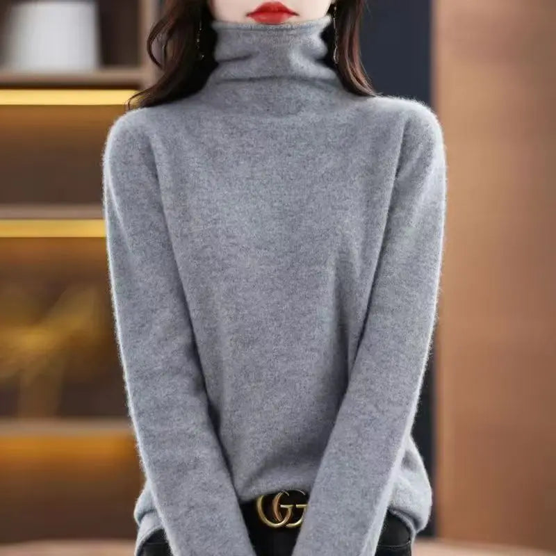 100% Wool Fold Neck Sweater Women's AutumnWinter High Neck Long Sleeved Solid Color Warm Pullover Sweater Knitted Jumper Top