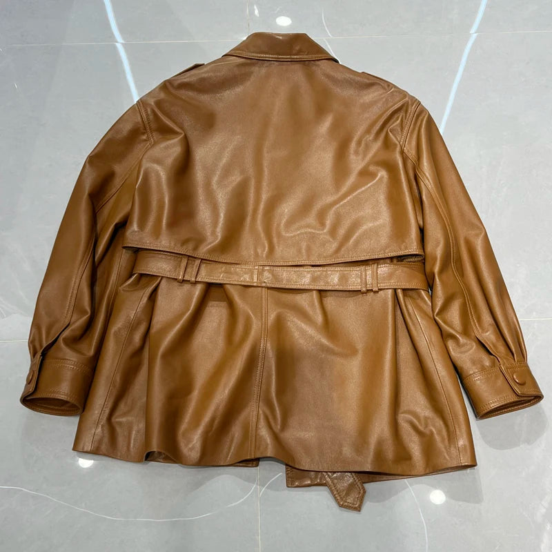 Winter Genuine Leather Outwears For Women High Quality Female Large Pocket Epaulet Belt Mid Long Jacket Female Warm Windbreaker