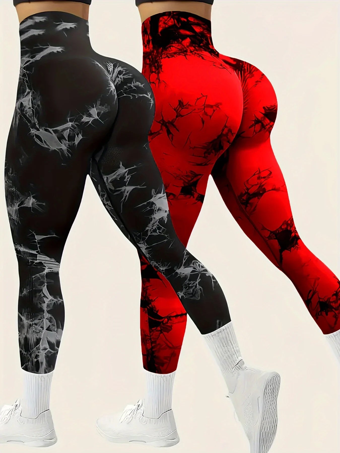 CZGUKE 2-PCS tie dye seamless women's high waisted yoga pants tight waist and hip lifting elastic wide waist sports leggings