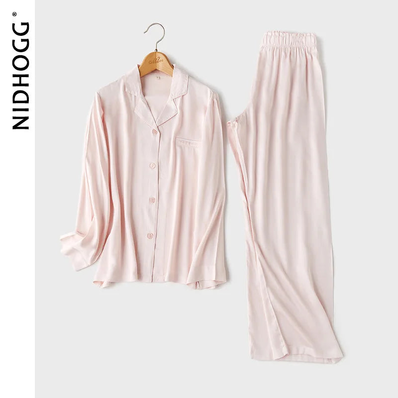 Couple's Satin Solid Color Pajamas Turn-down Collar Long-Sleeved Pajama Set Autumn Pocket 2 Piece Sleepwear Home Pijama Mujer