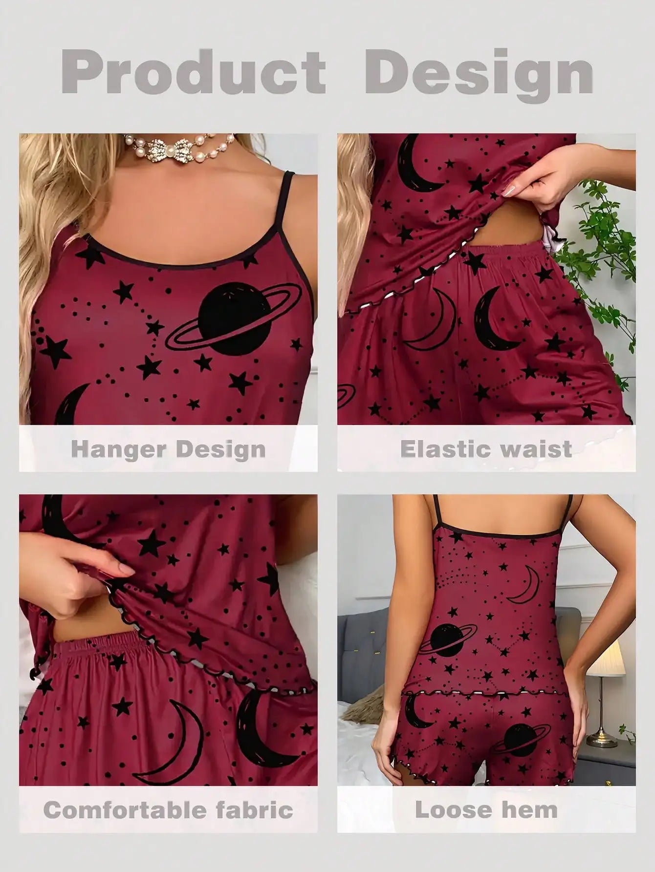 Women's  Allover Moon& Star Pajamas Casual Sleepwear 2 pieces Set Camisole Shorts Starry Print Red scoop neck Cami Top Backless
