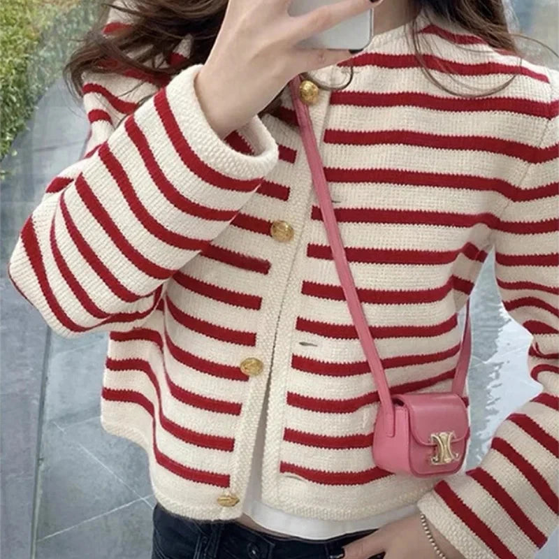 Chic Office Lady Korean Cardigan Women's Vest Elegant Stripe Casual Sweet Sleeveless Long Sleeve Sweater Vintage Basic Tank Top