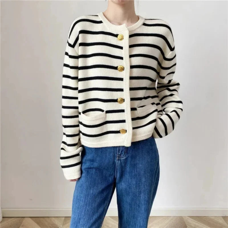 Chic Office Lady Korean Cardigan Women's Vest Elegant Stripe Casual Sweet Sleeveless Long Sleeve Sweater Vintage Basic Tank Top