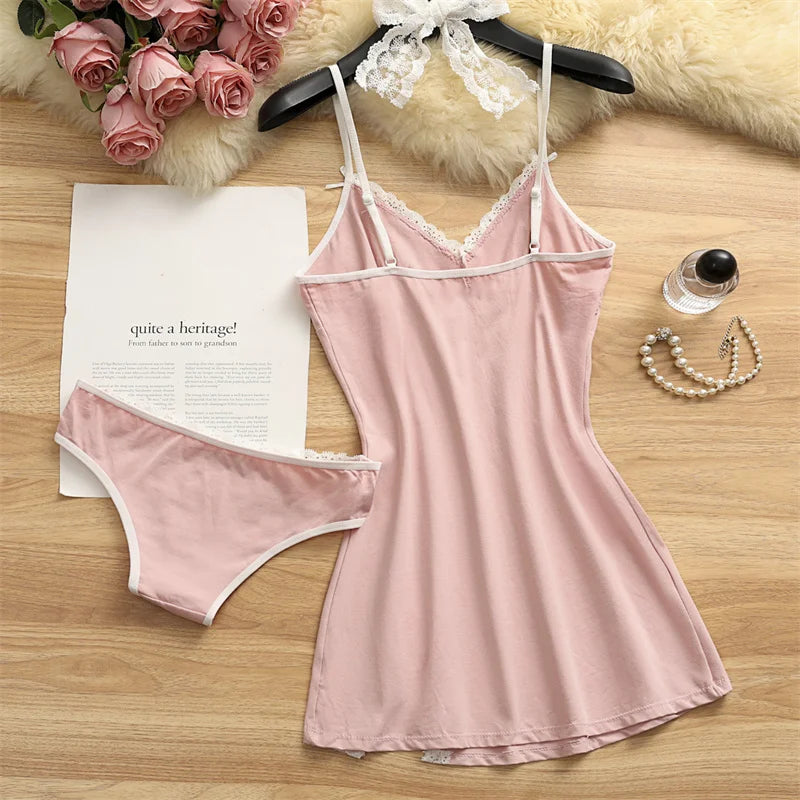 Women Pajama Cotton Suspender Nightdress 2 Pieces Pajama Set Cute Lace Nightgowns Bow Summer Sleepwear V-neck Slit Pajamas Dress