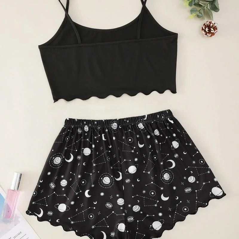 Summer Sleepwear for Women Pajamas Set Star Moon Printed Sleeveless Sling Crop Tops and Shorts Set Homewear Loungewear Pijama