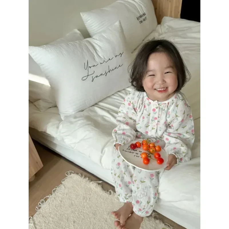 Children's Spring Grade Pajama Set Boys Girls Kids Cartoon Double Layer Gauze Home Clothing Set Baby Sleepwear Two-Piece Set