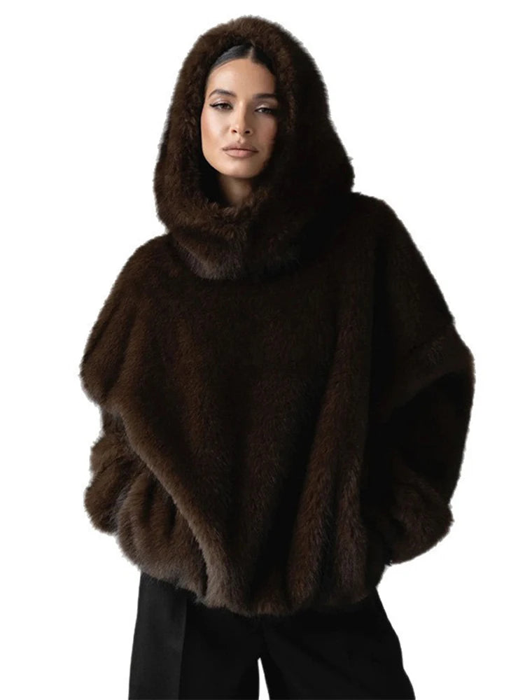 Women Solid Faux Fur Hooded Pullover Casual Full Sleeve Warm Loose Thick Tops Lady New Daily Chic Elegant Winter Outwear 2025