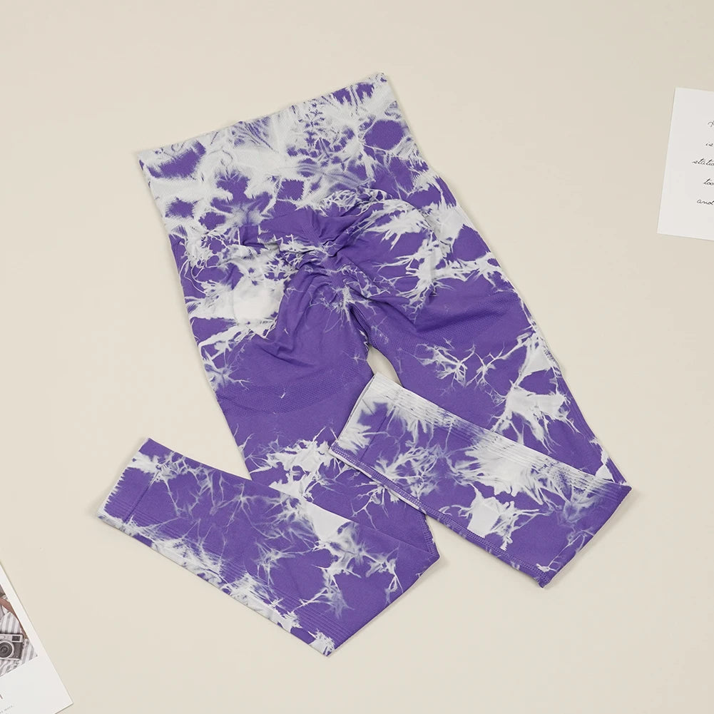 VEQKING Seamless Tie Dye Women Yoga Pants High Waist Sports Leggings Elastic Quick Dry Gym Fitness Pants Tight Workout Trousers