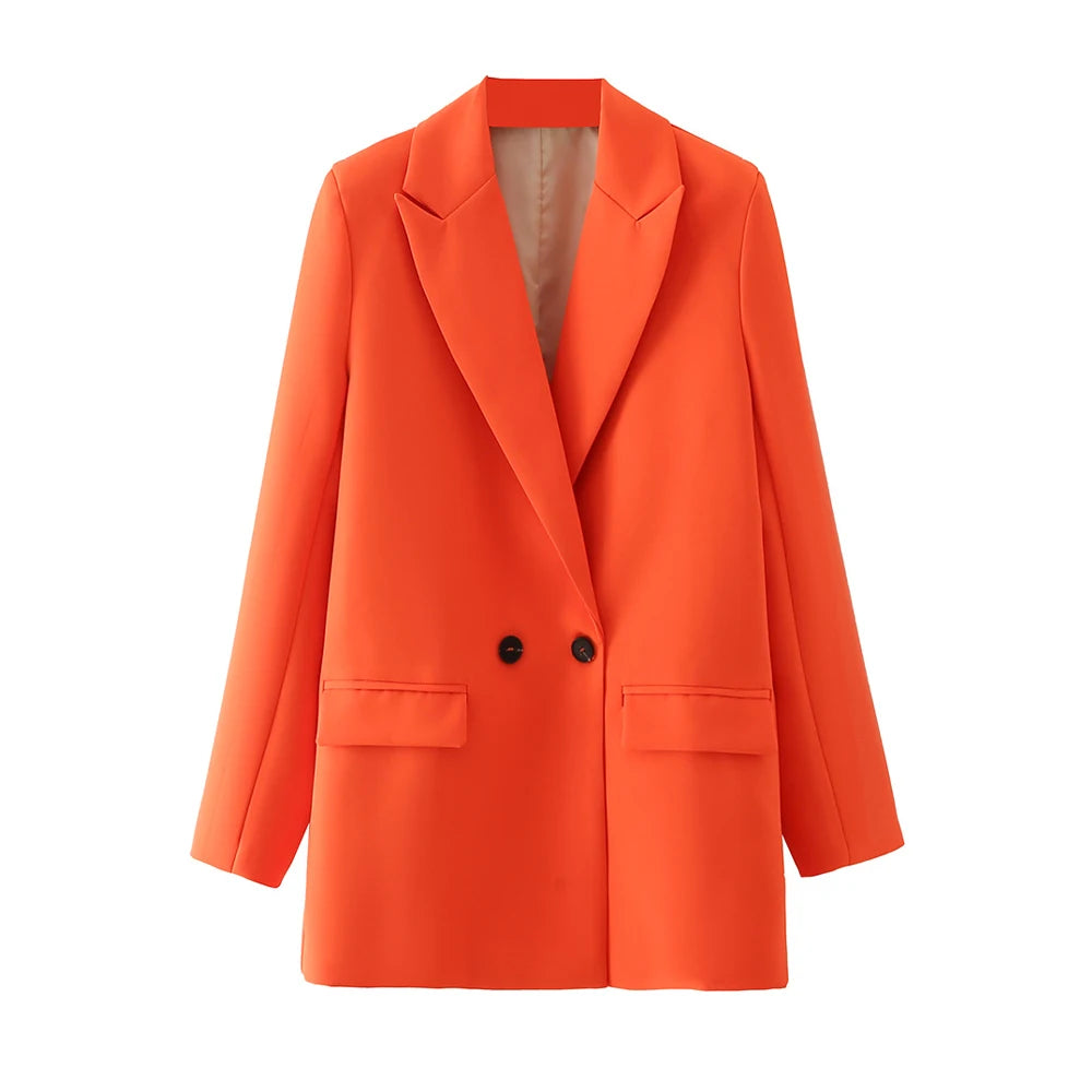 Women Chic Office Lady Double Breasted Blazer Vintage Coat Fashion Notched Collar Long Sleeve Ladies Outerwear Stylish Tops
