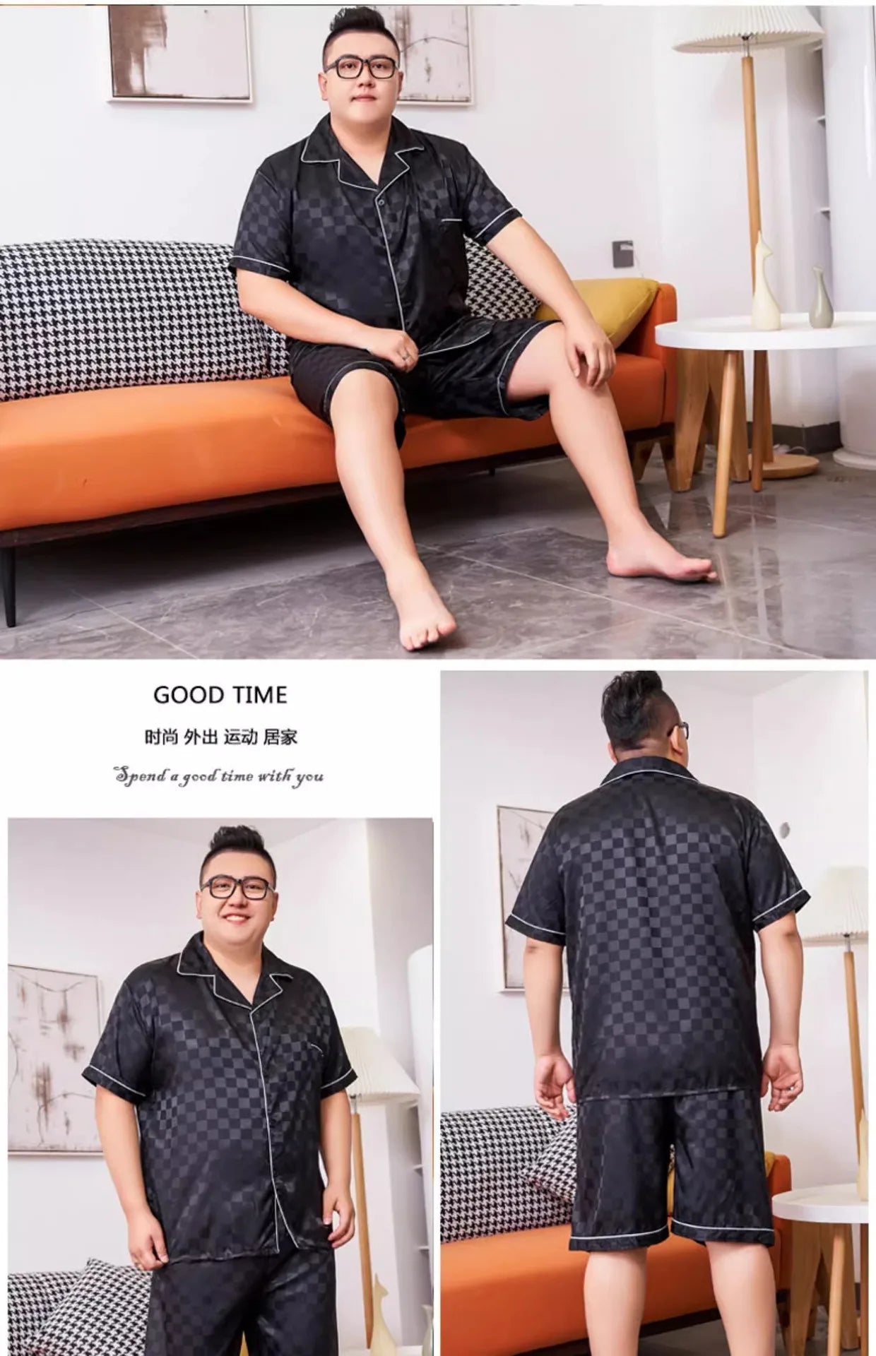 5XL Plus Size Pajamas for Men 150KG Summer Satin Sliky Sleepwear Short Sleeve Shorts 2PCS Set Loose Luxury Plaid Home Clothes