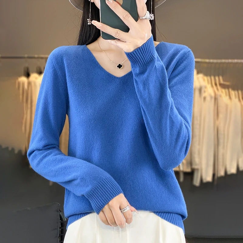 New Women's V-neck First-line Ready-To-Wear Sweater Long Sleeve Jumper Loose Fashion Comfortable Solid Color SweaterZD