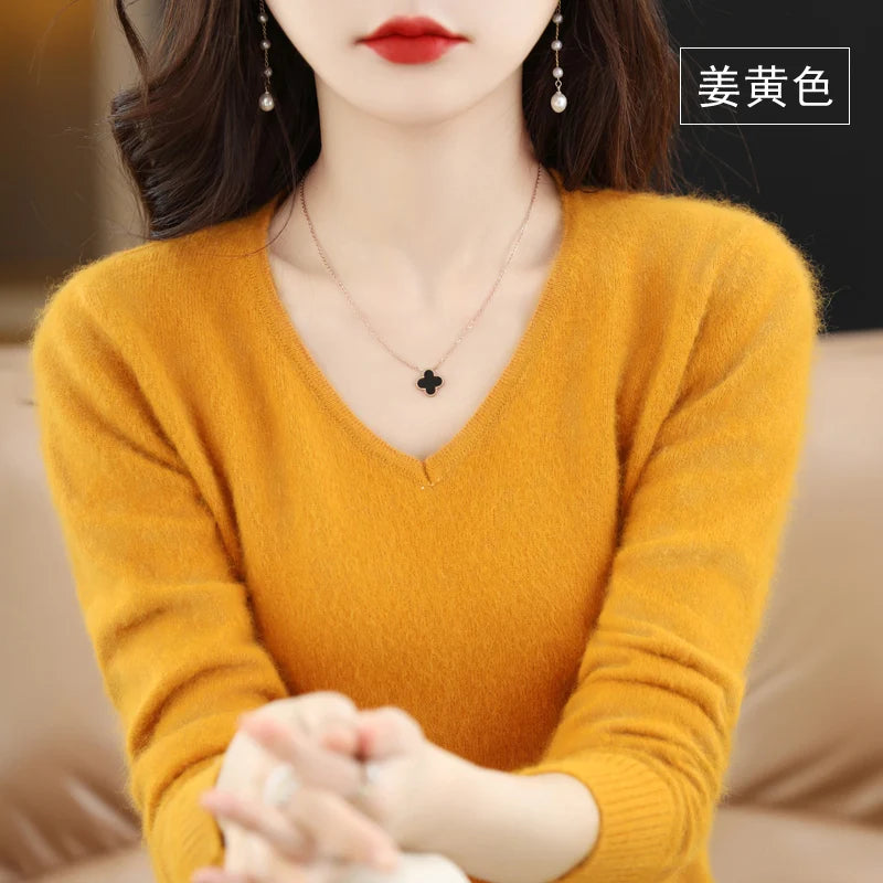 Autumn and Winter New Women's Sweater 100% Mink Cashmere Women's V-neck Pullover Casual Knitting Basic Fashion Large Top
