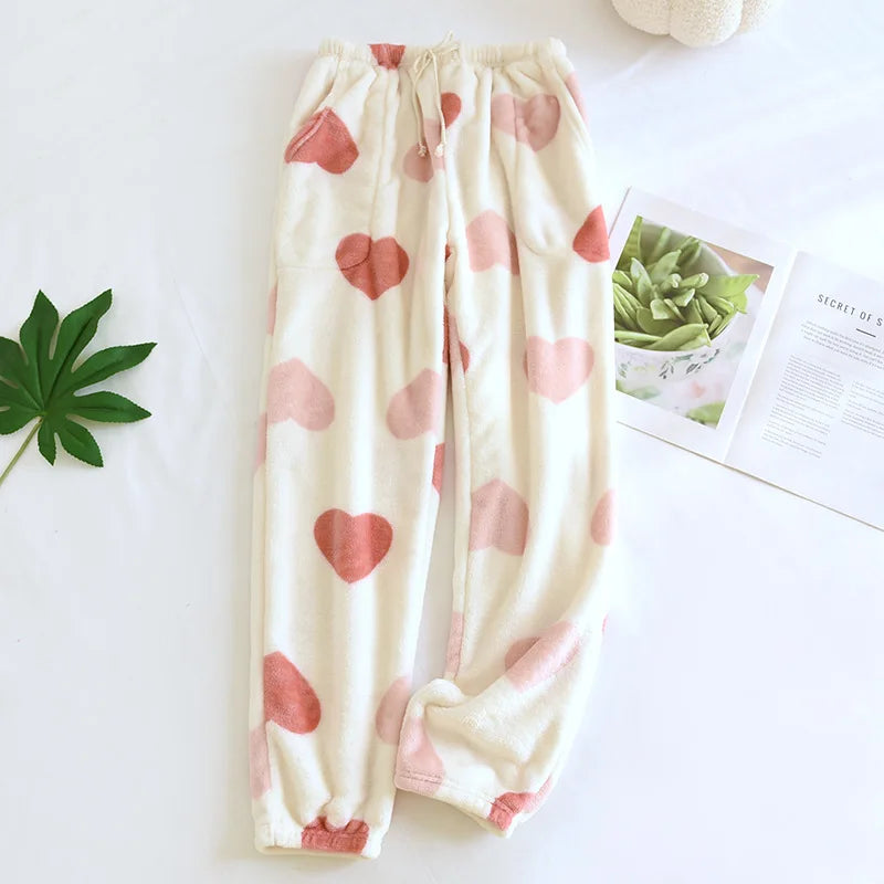 Winter Pajamas Home Pants For Women Elastic Trousers Loose Warm Thicken Fannel Pijamas Pants Sleepwear Printed Autumn Nightwear