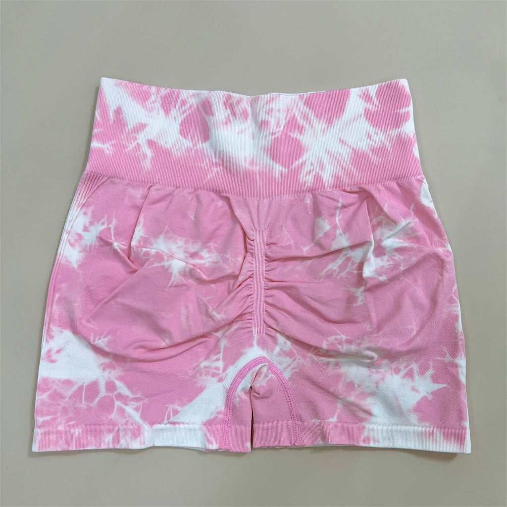 2 PCS Women Athletic Gym Leggings + Shorts Tie Dye Sports Workout Yoga Tights Butt Lifting Scrunch High Waist Yoga Pants