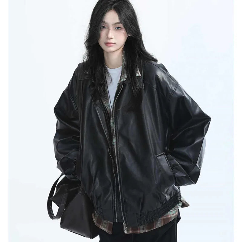 Retro Ladies Fashion Zipper Faux Leather Jacket Spring Autumn Women Long Sleeves Leather Coat 2025 Female PU Leather Outwear