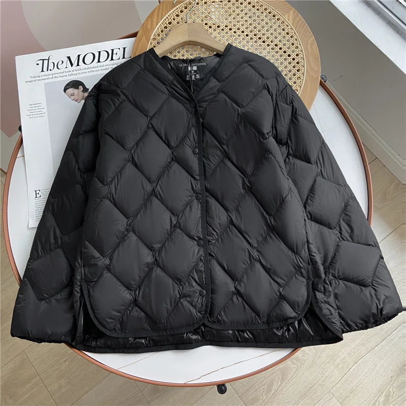 Janveny 2025 New Autumn Winter Ultra Light Collarless Soft Puffer Jacket Women Casual Loose Single Breasted 90% Duck Down Coat