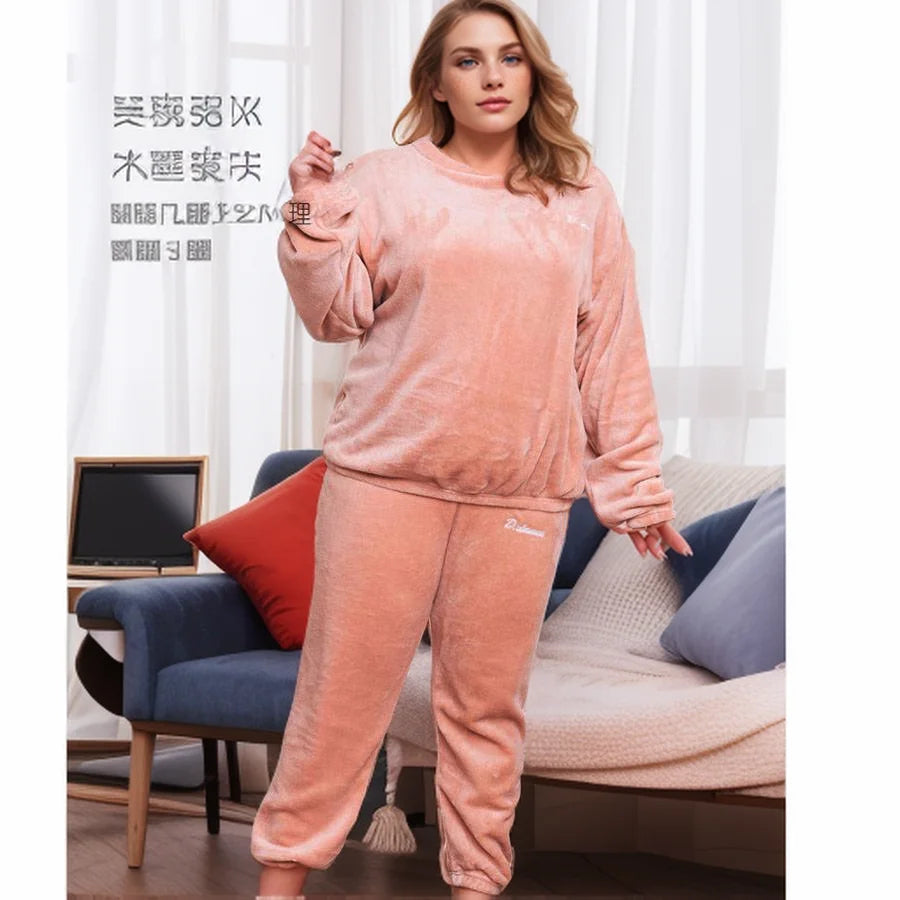 Plus Size 6XL 150kg Winter Warm Coral Fleece Pajamas Sets Long Sleeve Top and Pants Sleepwear Suit Home Women Female Sleepwear