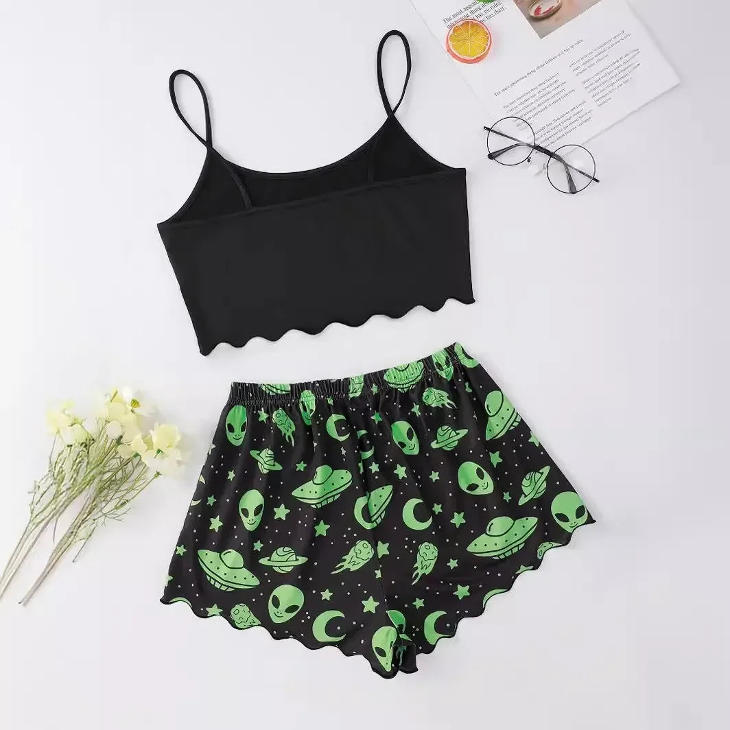 Summer Pajamas Women's Sexy Alien Print Sling Sleepwear V-Neck Pyjamas Homewear Sleeveless Cute Top And Shorts Sets