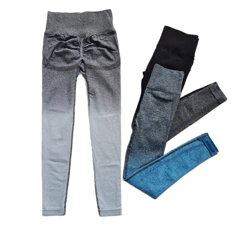 Sexy Butt Enhancing Gradient Color Tight Fitness Running Yoga Pants Quick Dry Slimming Nine-Tenths Length Breathable Nylon