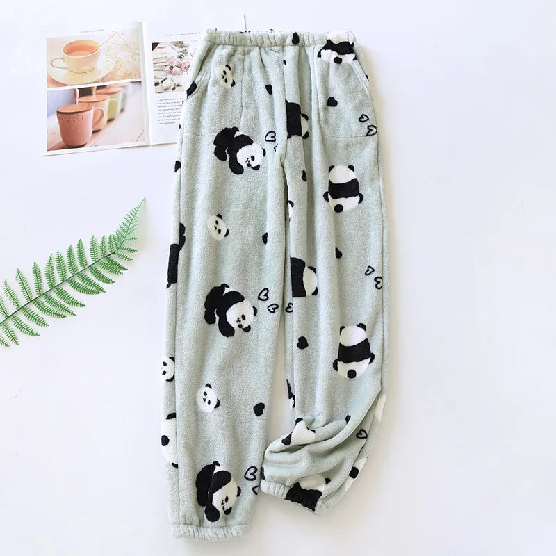 Winter Pajamas Home Pants For Women Elastic Trousers Loose Warm Thicken Fannel Pijamas Pants Sleepwear Printed Autumn Nightwear