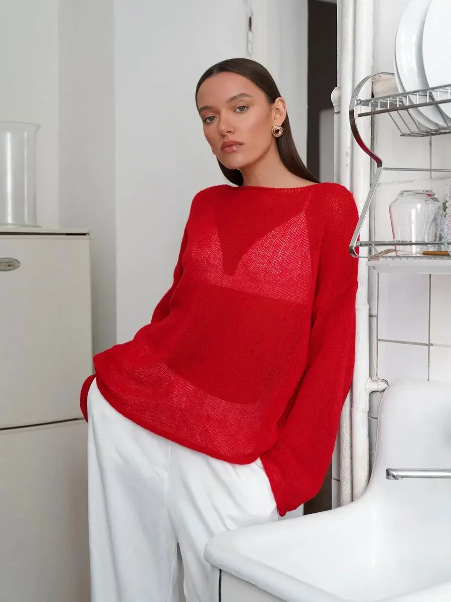 TARUXY Hollow Knitted Sweater Pullover 2024 Autumn New Women's See Through Thin Large Round Neck Bell Long Sleeve Knit T-Shirt