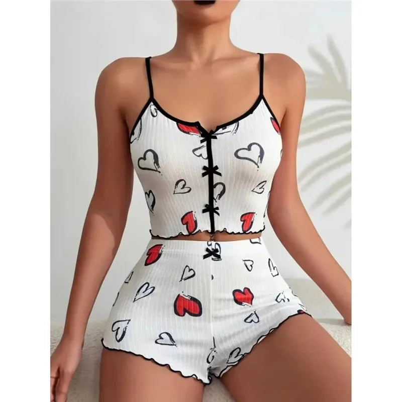 New Hot Sale Of The Season Heart Pattern Color Block Sleepwear Set with Slit in Front Strap Women's Vest Tops Non-Estitched Exte