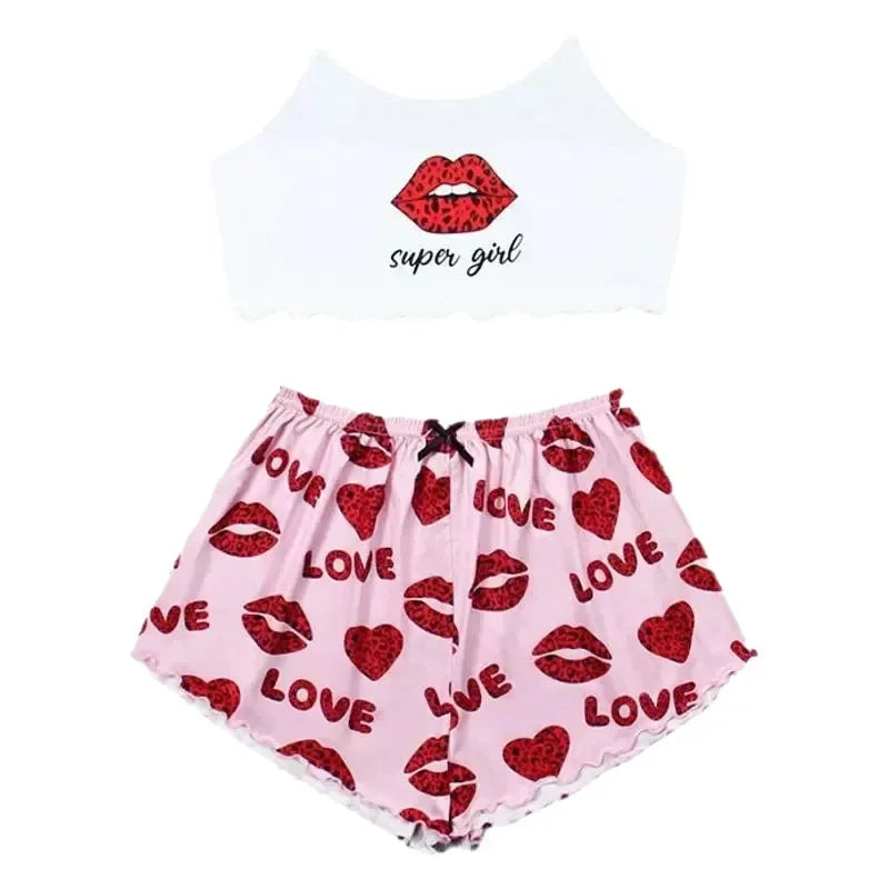 Comfortable Thin Knitted Vest Strap Home Sleepwear Set for Women Summer Season Print Pattern Home Leisure Women's Nightgown