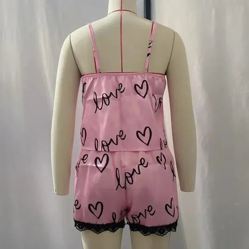 Sexy Pajama Shorts Sets Womens Homewear Love Print Nighty Underwear Pijama Summer Lingeries Camisoles Tanks Lady Sleepwear Woman