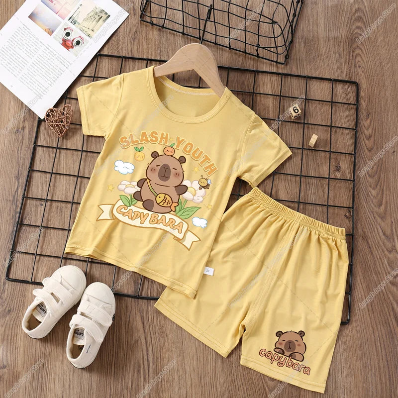 Capybara Cute Pajamas Suit Short Sleeve Sleepwear Cartoon Animal Print Soft Homewear Set Kawaii Silky Home Nightgown Summer Gift