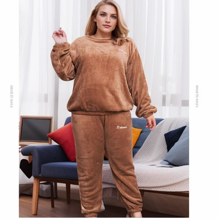 Plus Size 6XL 150kg Winter Warm Coral Fleece Pajamas Sets Long Sleeve Top and Pants Sleepwear Suit Home Women Female Sleepwear