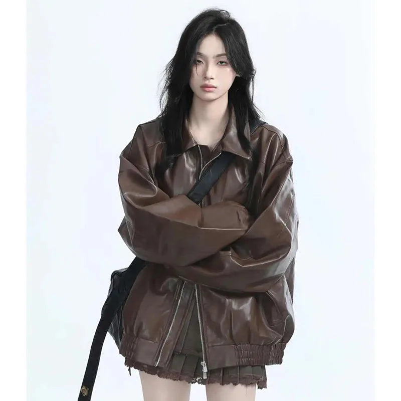 Retro Ladies Fashion Zipper Faux Leather Jacket Spring Autumn Women Long Sleeves Leather Coat 2025 Female PU Leather Outwear