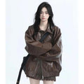 Retro Ladies Fashion Zipper Faux Leather Jacket Spring Autumn Women Long Sleeves Leather Coat 2025 Female PU Leather Outwear