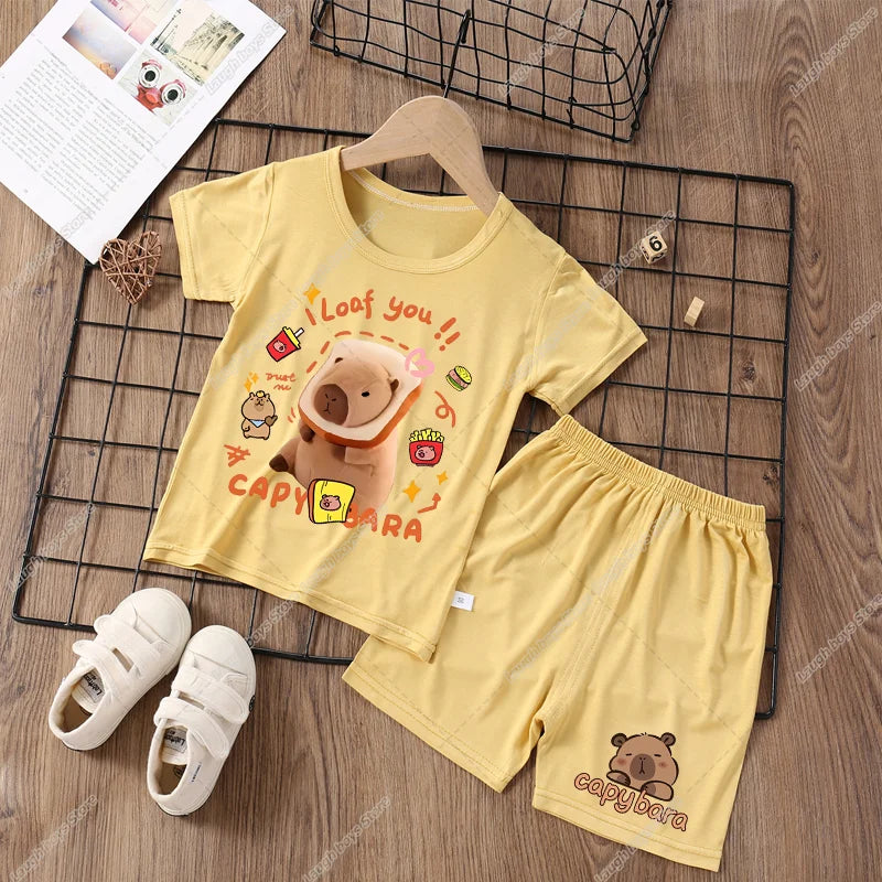 Capybara Cute Pajamas Suit Short Sleeve Sleepwear Cartoon Animal Print Soft Homewear Set Kawaii Silky Home Nightgown Summer Gift