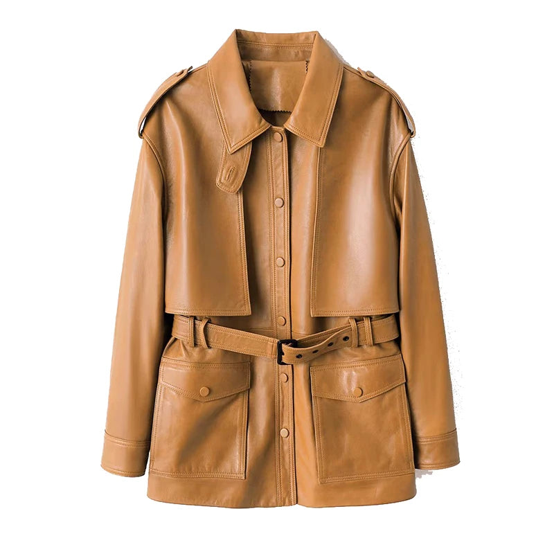 Winter Genuine Leather Outwears For Women High Quality Female Large Pocket Epaulet Belt Mid Long Jacket Female Warm Windbreaker
