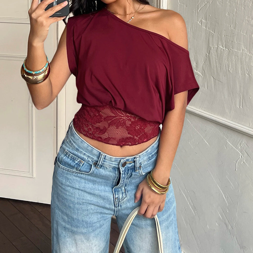 Elegant Patchwork Lace T-Shirt See Through Slim-Fitting Crew Neck Off-Shoulder Tees Women 2026 Fashion New （Two Design Styles）