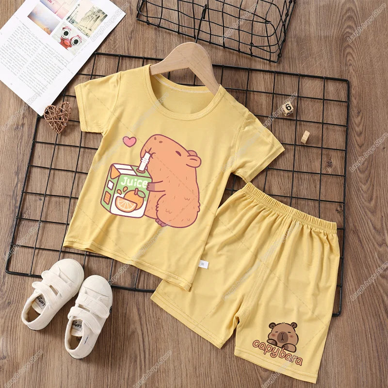 Capybara Cute Pajamas Suit Short Sleeve Sleepwear Cartoon Animal Print Soft Homewear Set Kawaii Silky Home Nightgown Summer Gift