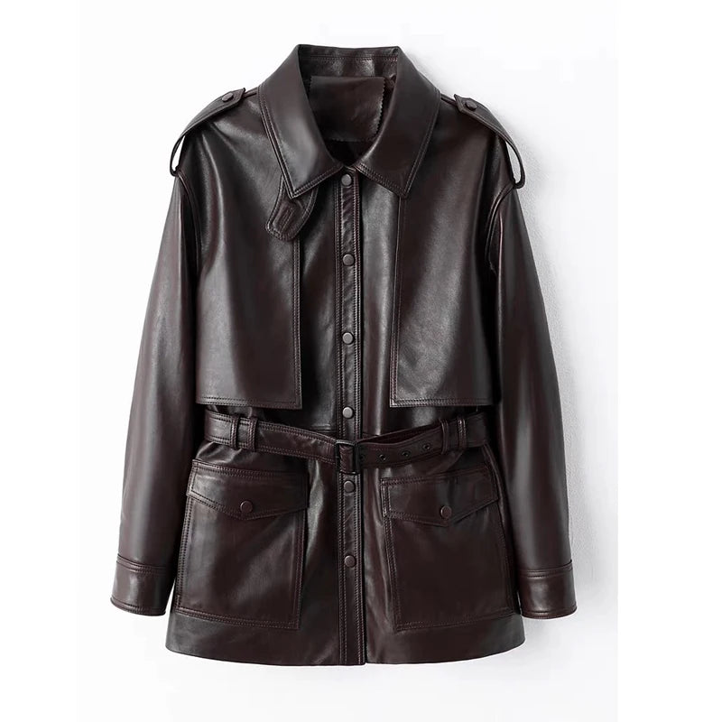 Winter Genuine Leather Outwears For Women High Quality Female Large Pocket Epaulet Belt Mid Long Jacket Female Warm Windbreaker