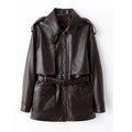 Winter Genuine Leather Outwears For Women High Quality Female Large Pocket Epaulet Belt Mid Long Jacket Female Warm Windbreaker