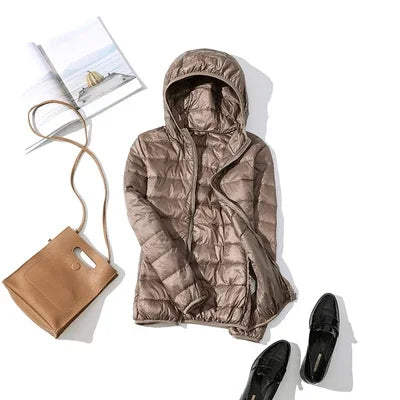 Women's Fashion Hooded Short Puffer Jackets 2025 New Spring Winter 90% White Duck Down Lightweight Packable female Warm Parka