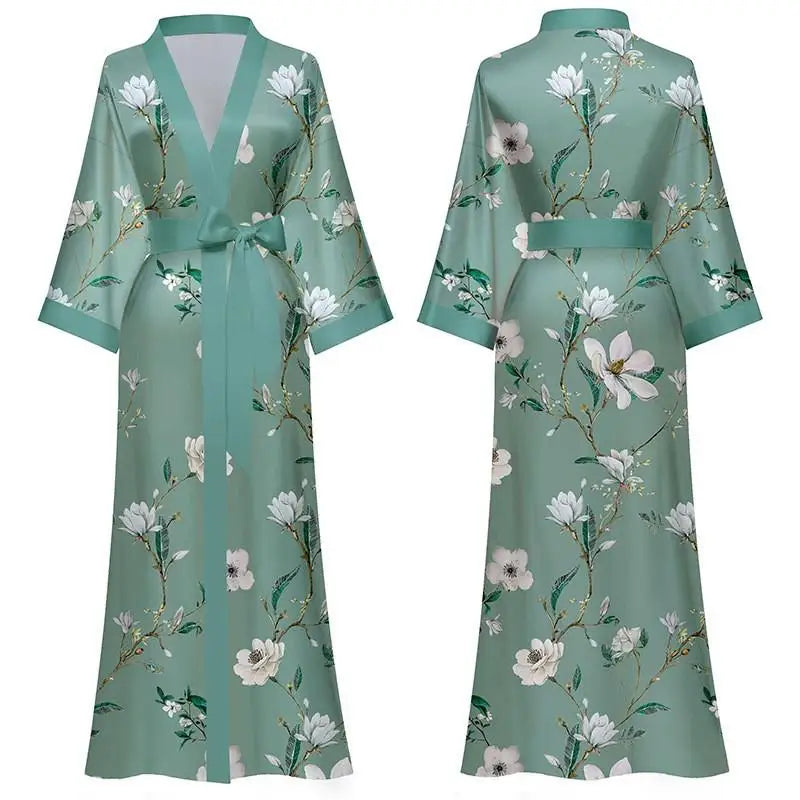 New Spring Summer Women Long Robe Kimono Bathrobe Gown Sexy Black Print Sleepwear Nightgown Casual Half Sleeve Satin Home Dress
