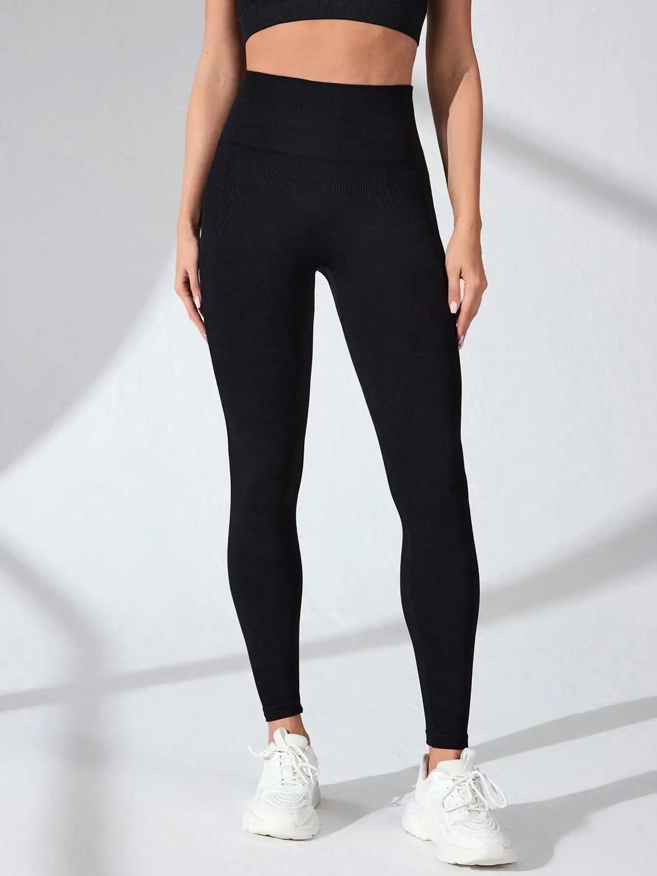 Black Ribbed Panel Yoga Leggings Women High Waist Seamless Butt Lifting Tummy Control Fitness Workout Tights Gym Sportswear