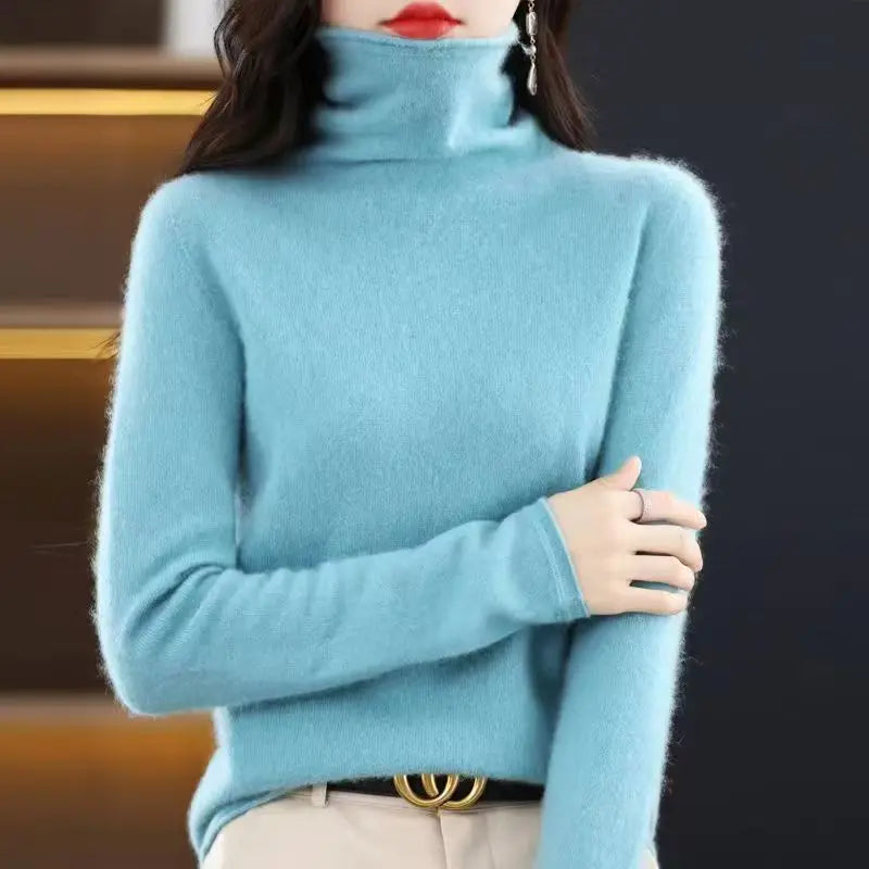 100% Wool Fold Neck Sweater Women's AutumnWinter High Neck Long Sleeved Solid Color Warm Pullover Sweater Knitted Jumper Top